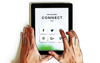 A person is holding their hands out to view the social media icons on an ipad.