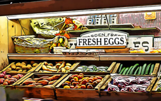 A painting of an open market with fresh eggs.