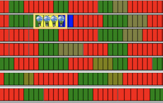 A wall of red and green blocks with three blue blocks.