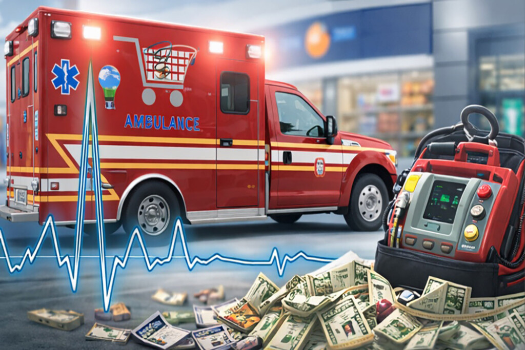 Red ambulance with unique decorations and symbols.