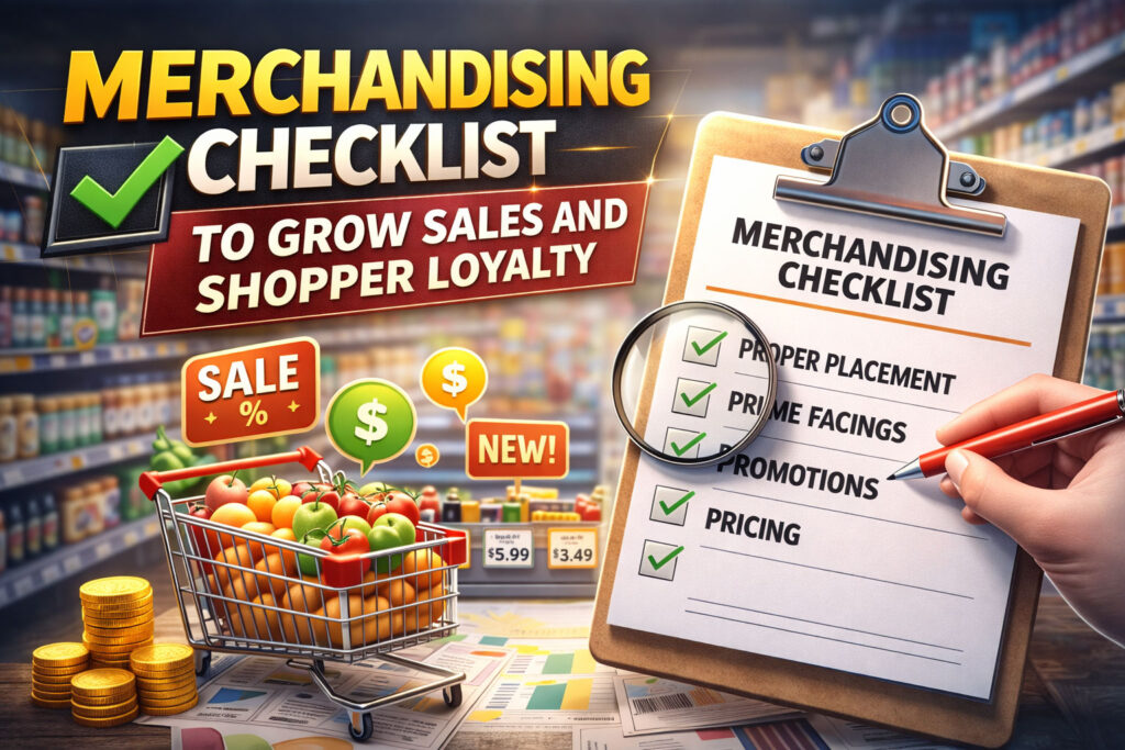 Hand holding a merchandising checklist notebook.