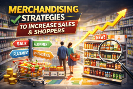 Graphic of product shelves with branding space.