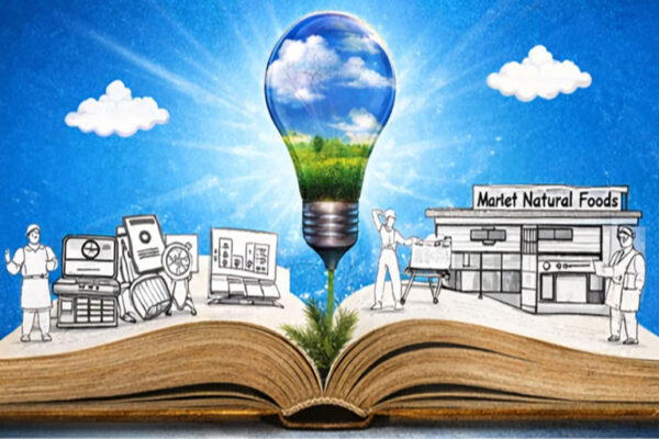 Open book with brand storytelling graphics.