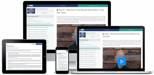 Various devices displaying an online course titled 'Day #1: Why Most Food Brands Break Before They Ever Scale'.