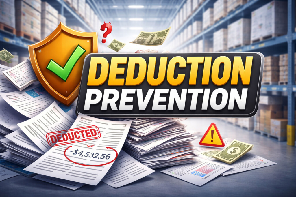 Warehouse scene highlighting deduction prevention with financial documents and money.
