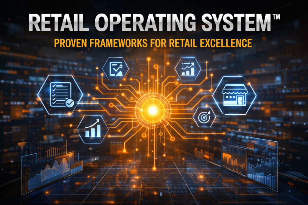 Digital retail operating system with performance and analytics icons.